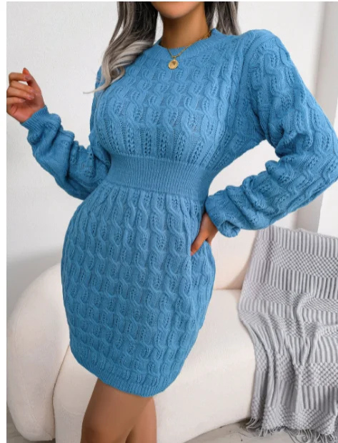 

2023 Women Knitted Dress Autumn Casual Warm Pullovers Fashion O Neck Solid Elastic Winter Twist Knitting Sweater Dresses