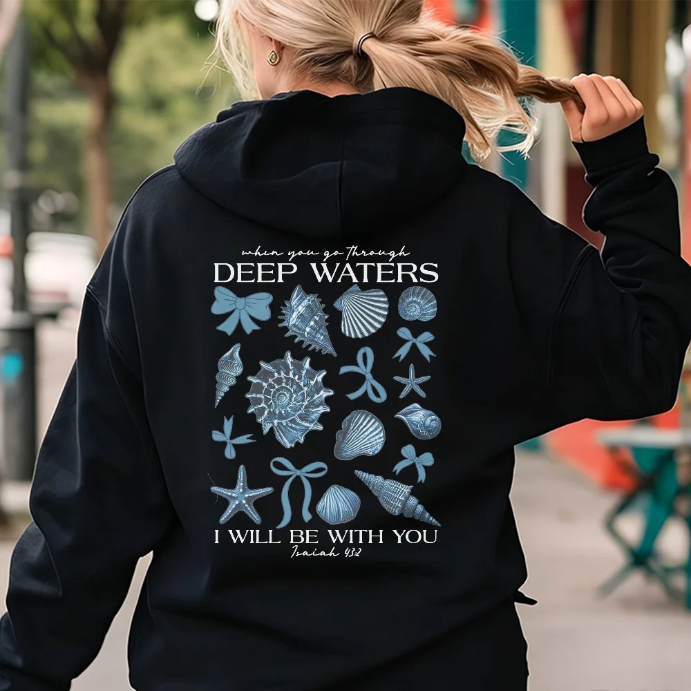 Retro Deep Waters Bible Verse Sea Shell Print Unisex Sweatshirt Casual Autumn Winter Christian Religious Top Streetwear Hoodie