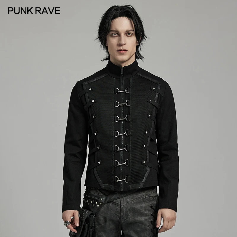 

PUNK RAVE Men's Punk Twill Heavy Industry Texture Layered Cool Coat Decorative Loop At Back Casual Mens Jacket Autumn