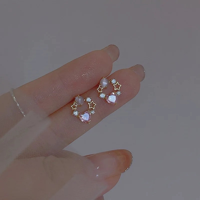 Korean Ins Cute Pink Star-shaped Zircon Stud Earring for Women Sweet Romantic Wedding Party Jewelry Gift