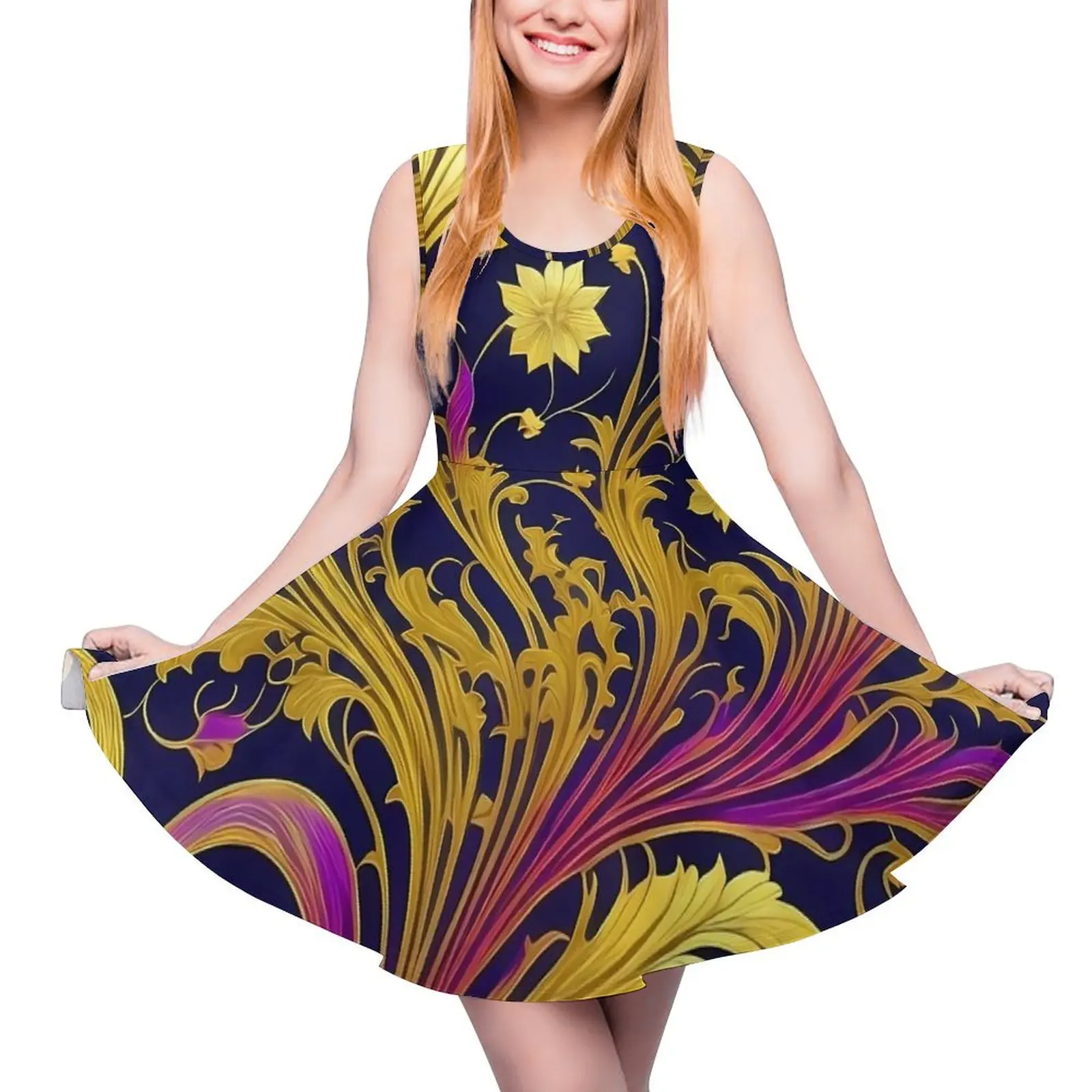 Art Nouveau Alphonse Dress Mucha Gold Leaves Floral Night Club Dresses Street Fashion Oversized Skate Dress Women Custom Vestido