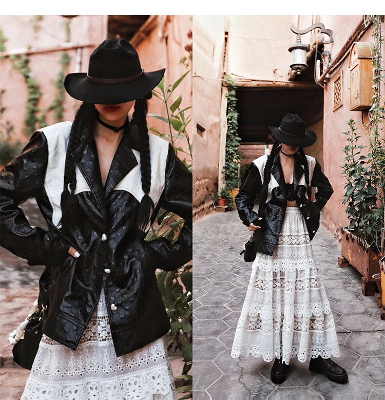 

Spring Autumn Women Sweet and Cool Spicy Girl Embroidered Black and White PU Leather Jacket