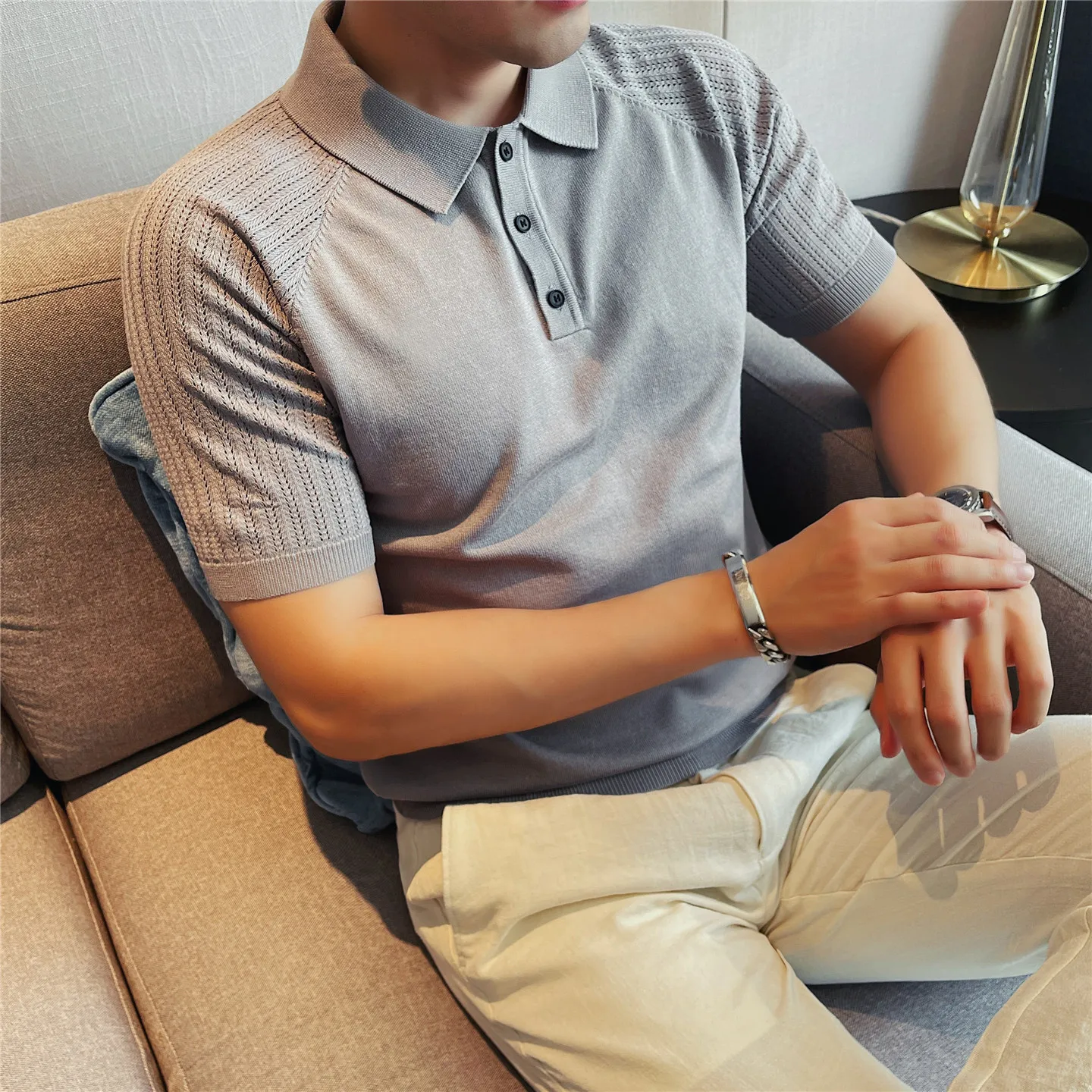 Summer Shoulder Wrinkle Resistant Hollow Breathable Polo Shirts Men's Ice Silk Casual Short Sleeve Business Casual T-shirt 4XL-M