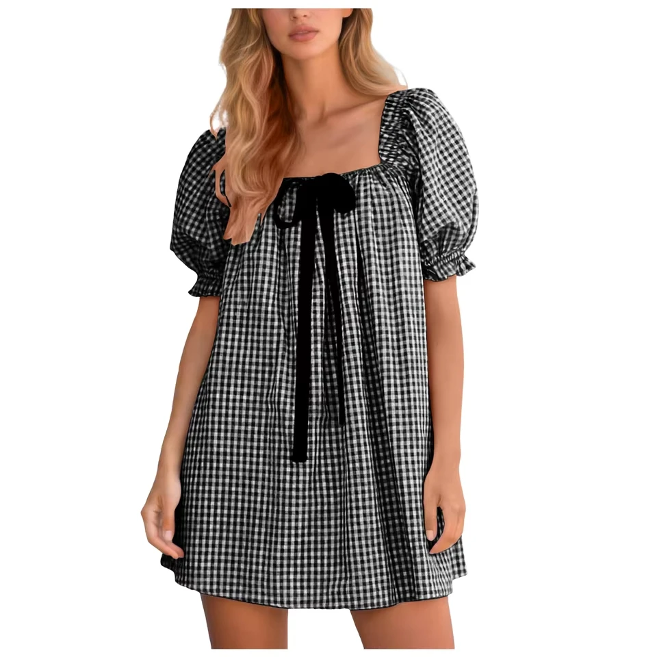 

Women Plaid Puff Sleeve Mini Dress Elegant Square Neck Lace Up Vintage Casual Swing Smocked Dresses Women Fashion dress