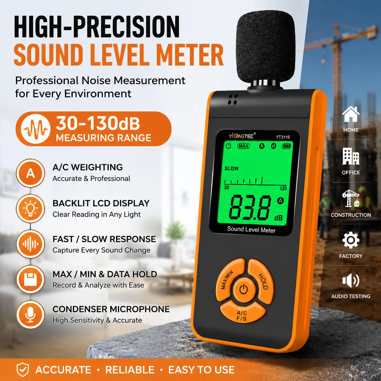 Digital Sound Level Meter 30-130dB – Handheld Noise Tester with A/C Weighting, Data Hold & Backlit LCD for Home, Office, Factory