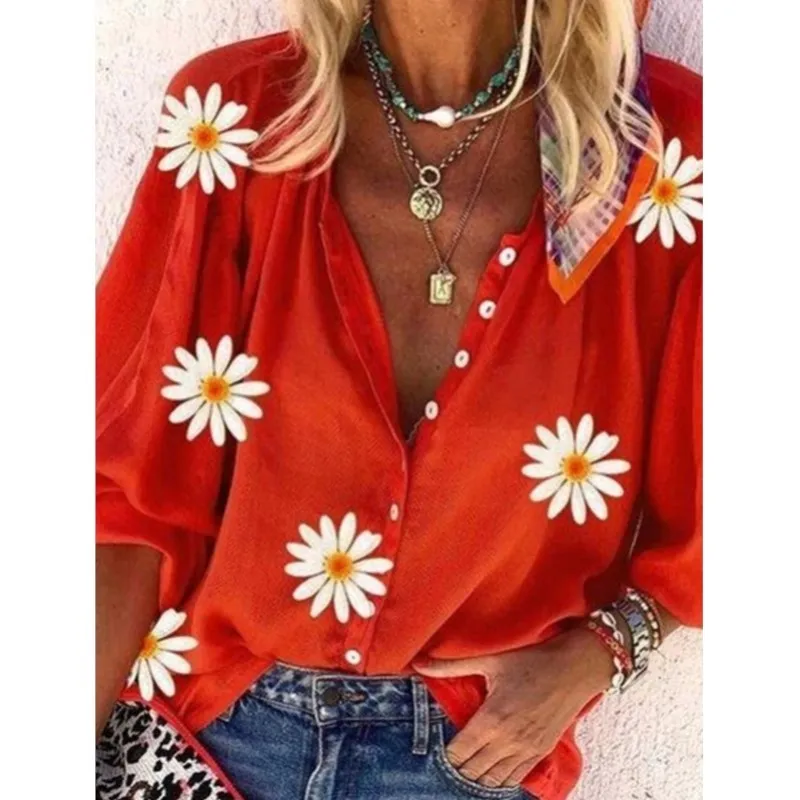 2024 Flower Print Vintage Shirts Women\'s Casual Turn Down Collar Cardigan Tops Button Single Breasted Daily BohemianBlouses Lady