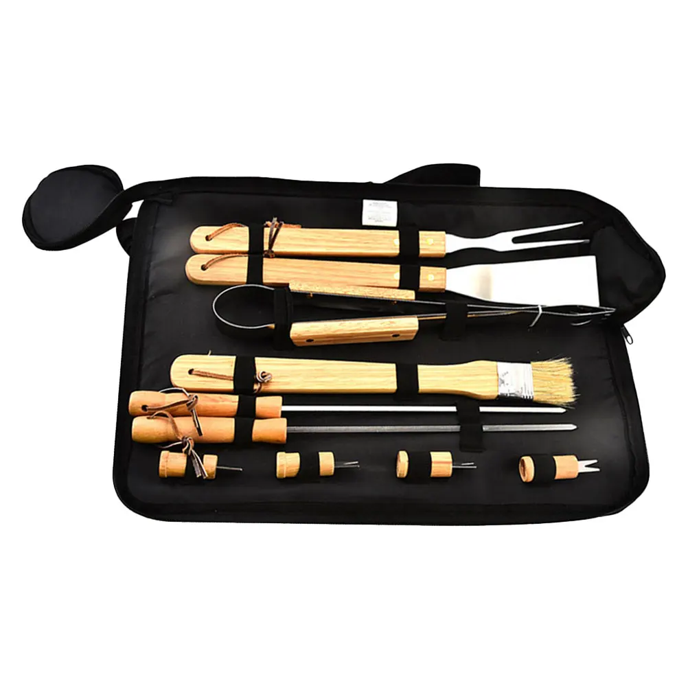 

1 set 1 Set Outdoor Bbq Grill Tool Set Portable Camping Grilling Utensils Spatula Fork Tong Cutter With Carry Bag Wooden