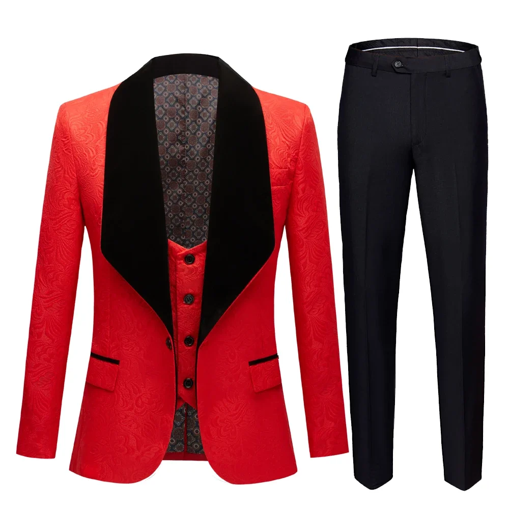 

Mens Fashion Big Shawl Lapel 3 Pieces Set Pink Red Blue White Black Wedding Groom Suits Quality Jacquard Banquet Tuxedo
