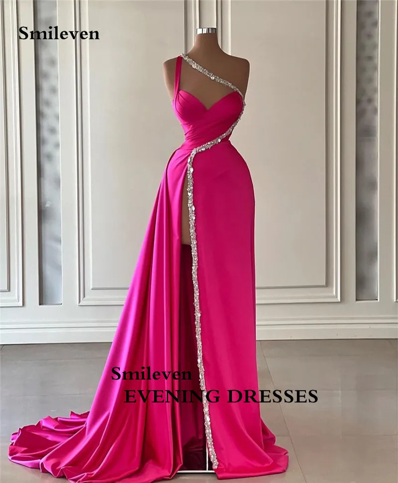 Smile ven neueste Pink Meerjungfrau Abendkleider sexy Perlen Falten Party kleid High Side Split Cocktail kleider angepasst