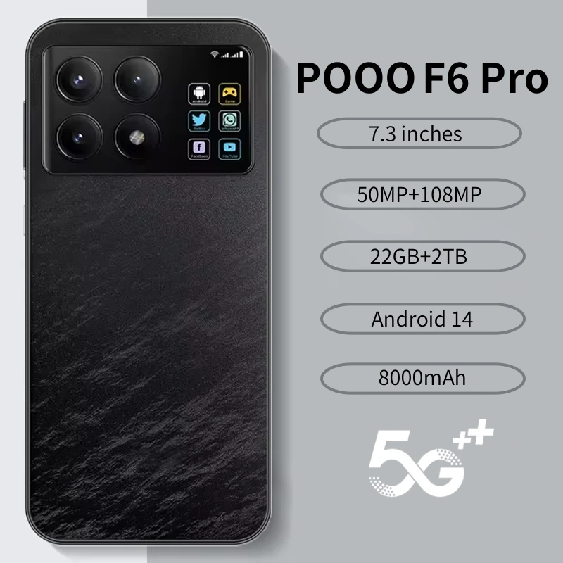 F6 Pro 5G Global Version 7.3HD Screen 22G + 2T 8000mAh Android14 Cellulare Dual Sim Face Unlocked Mobile Phone 108MP Cell Phone