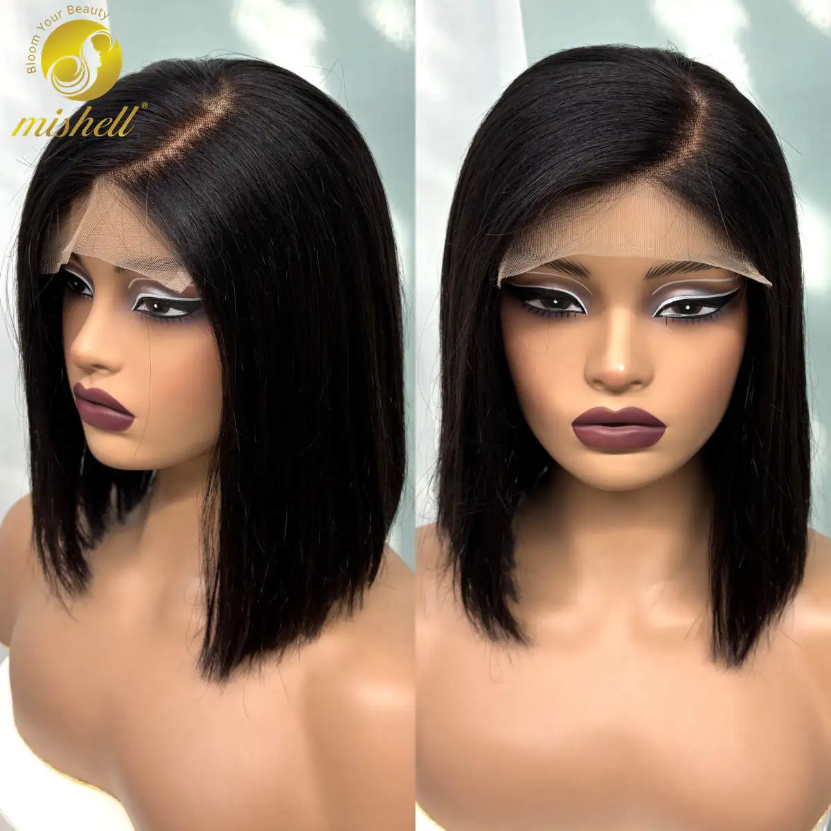 

5x5 C Part Lace Glueless Short Bob Wig Human Hair Wigs 280% Density Double Drawn Bone Straight 100% Human Hair Bob Wig For Women