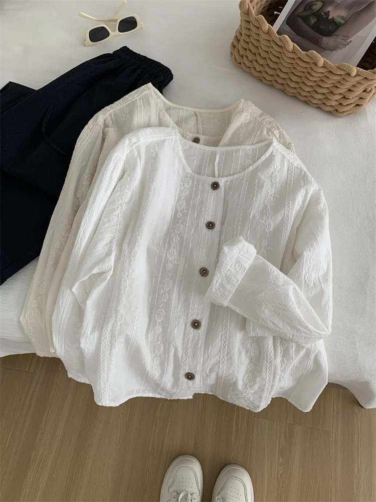 

Embroidery Round Neck Cardigan Shirts Women's 2024 Autumn Loose Casual Jacquard Long Sleeved Doll Shirt