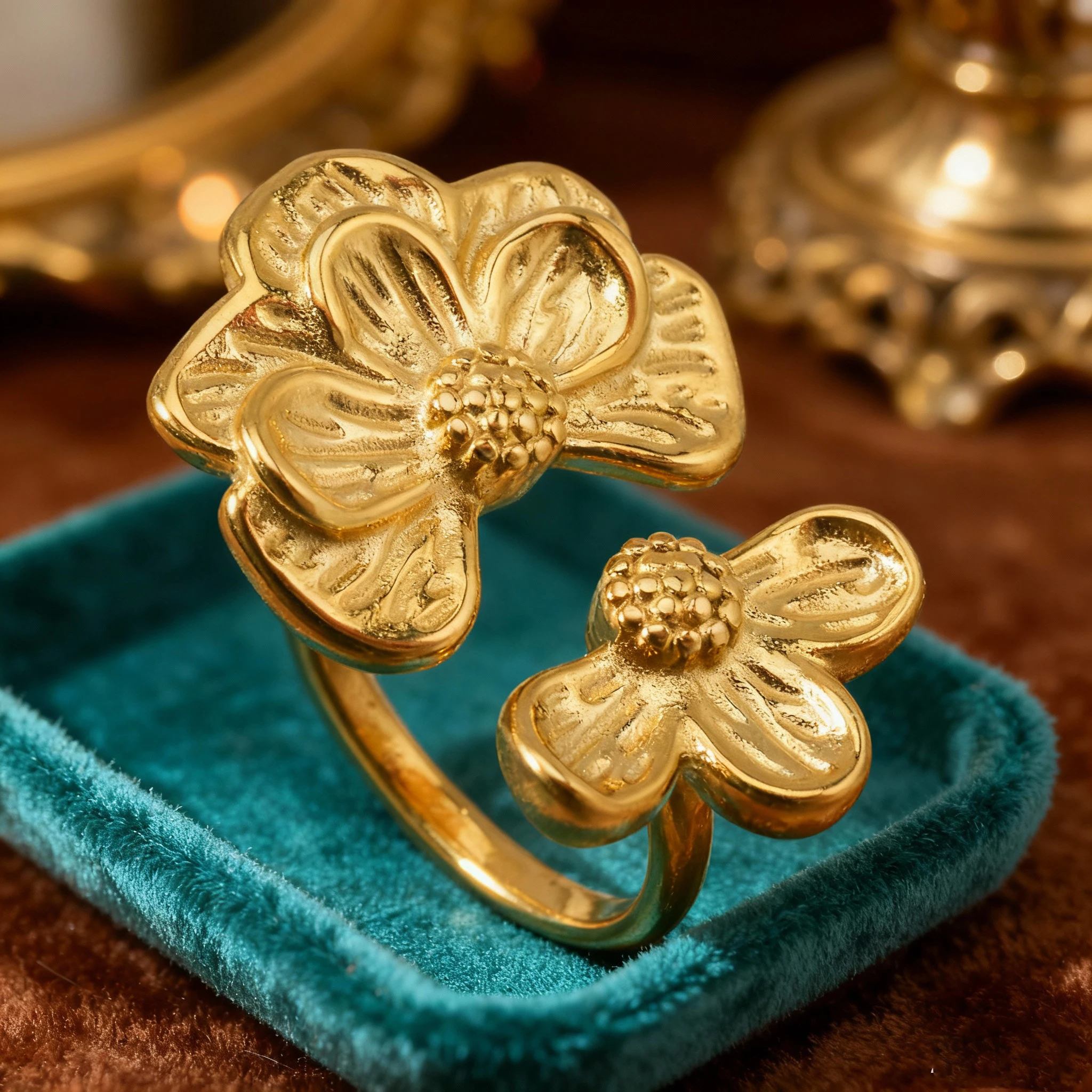 

Gold Plated Floral Ring Vintage Baroque Royal Style for Women Adjustable Open Band Gift for Valentine Luxury Jewelry