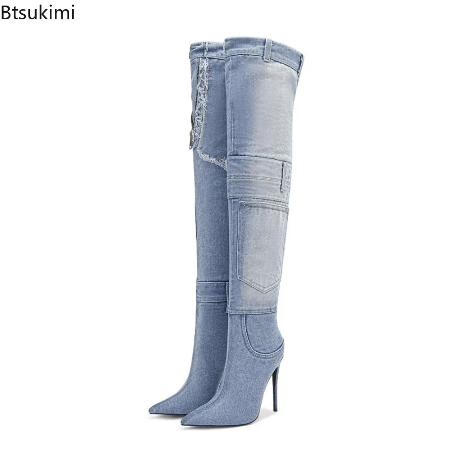 Women's Washed Blue Tall Boot Pointed Toe Sexy High Heel Punk Over-the-Knee Boots Trendy Evening Party High Heels Boots Female