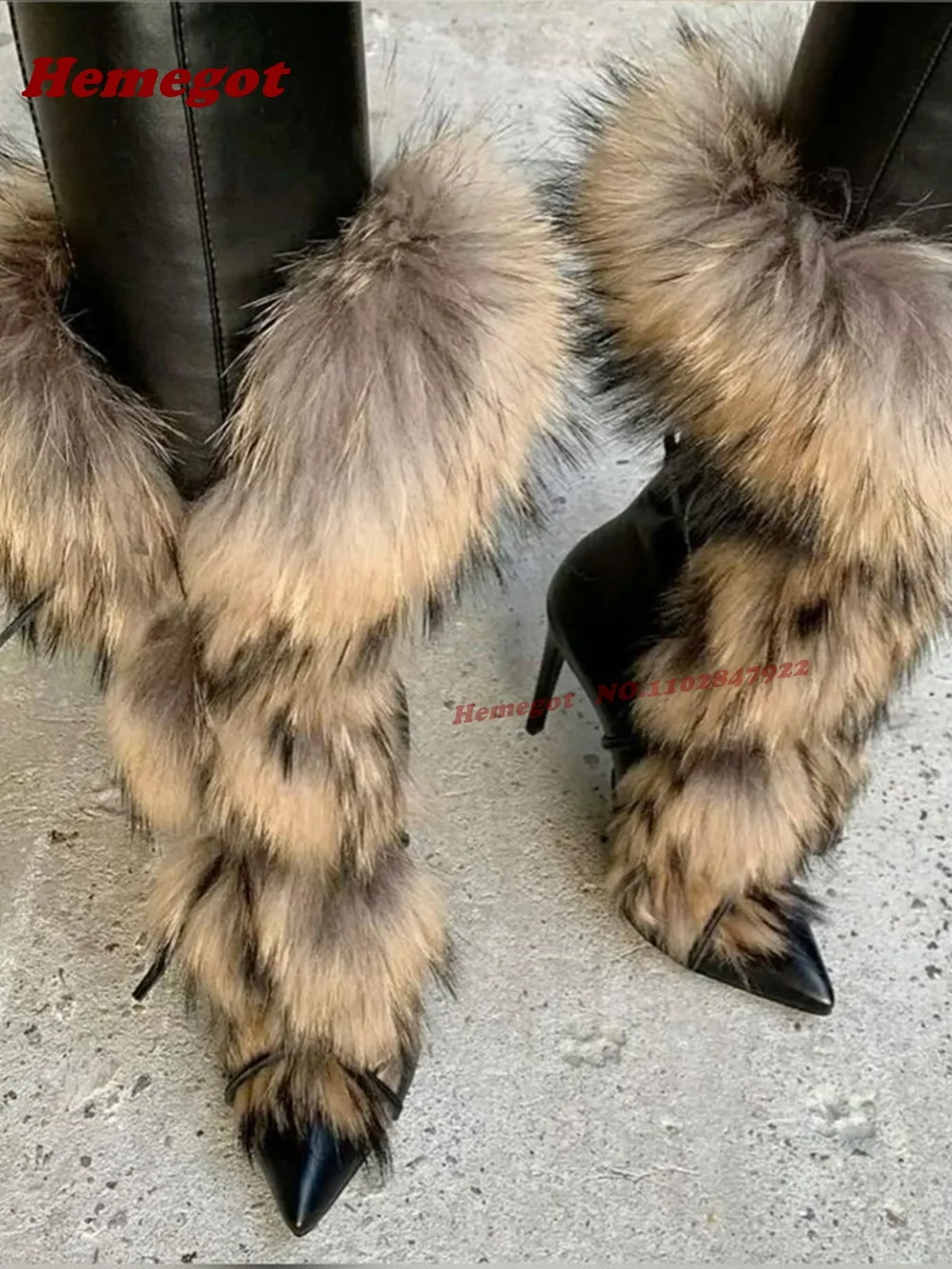 

Черные сапоги средней длины с пушистым мехом и ремешками, женские ботинки с острым носком в стиле пэчворк на шнуровке, туфли на шпильке, подиумная обувь, кожа 2026