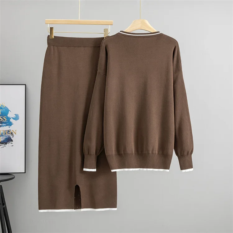 Muslimischen Perlen Frauen Pullover Stricken Anzug Zwei Stück Sets Pullover Gestrickte Lange Rock Outfits Lässige Strickwaren Ensemble Herbst