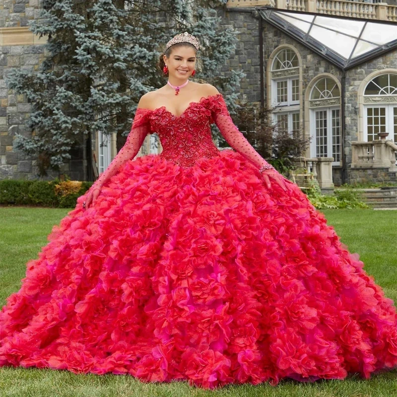 

Red Shiny Quinceanera Dress Off Shoulder Princess Applique Beads Tiered Prom Ball Gown Sweet 16 XV Years Old Miss Birthday