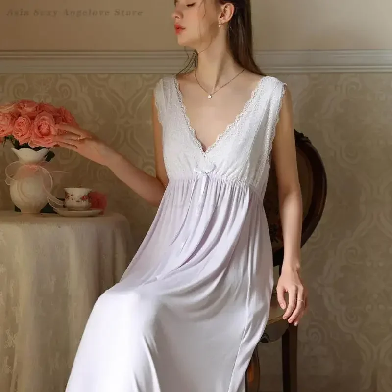 

Сексуальная кружевная ночная рубашка с v-образным вырезом, милая длинная сказочная ночная рубашка во французском стиле принцессы, домашняя одежда, летняя одежда для сна без рукавов, платье