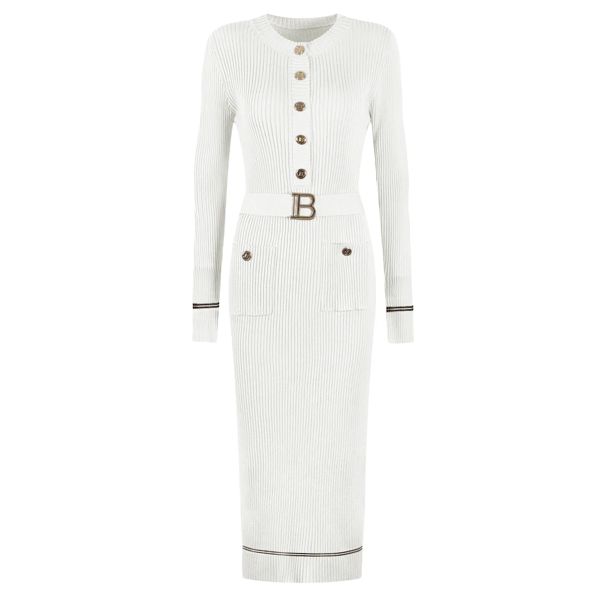 

Autumn And Winter New Fashionable, Simple And Atmospheric Belt Button Slim Fit Long Sleeved Round Neck Knitted Long Dress