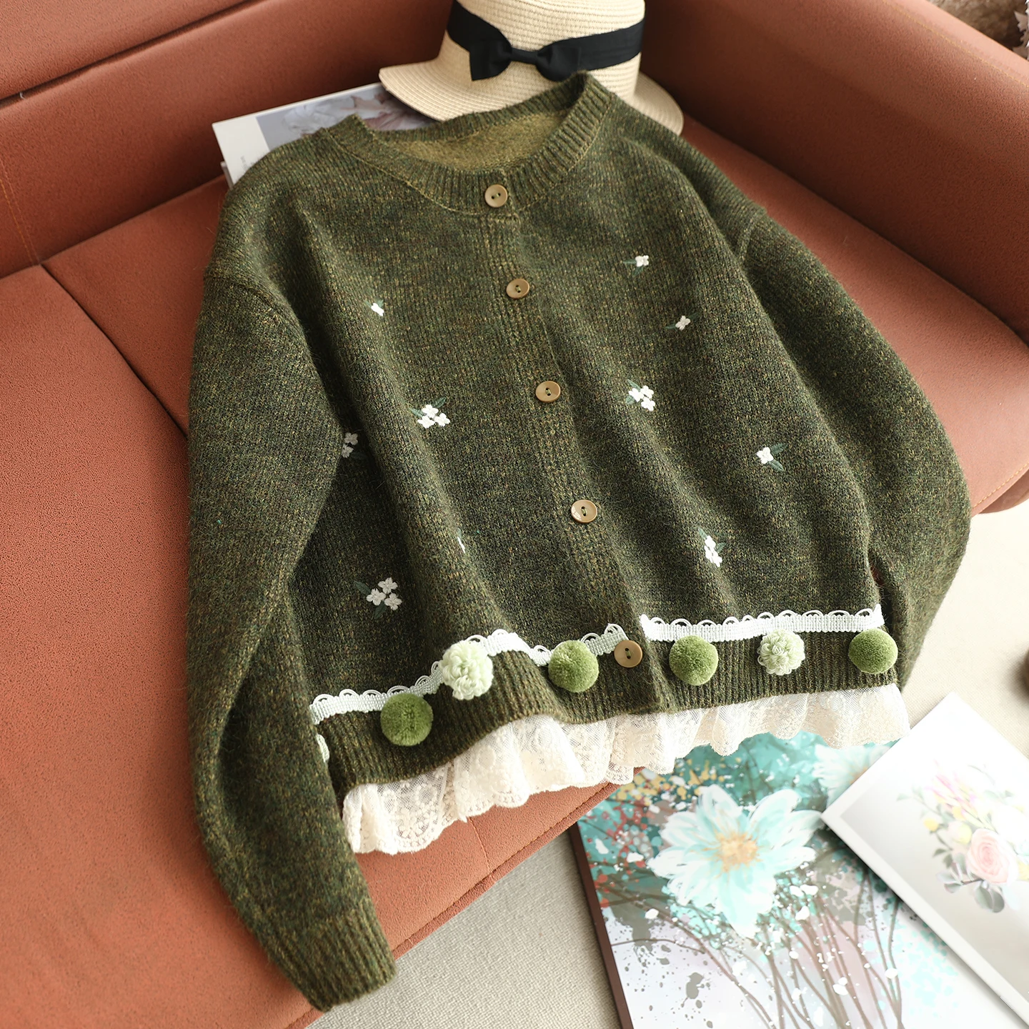 

Japanese Sweet Mori Girl Flower Embroidery Lace Patchwork Knitted Cardigan Women Autumn O-Neck Long Sleeve Casual Sweater Coat