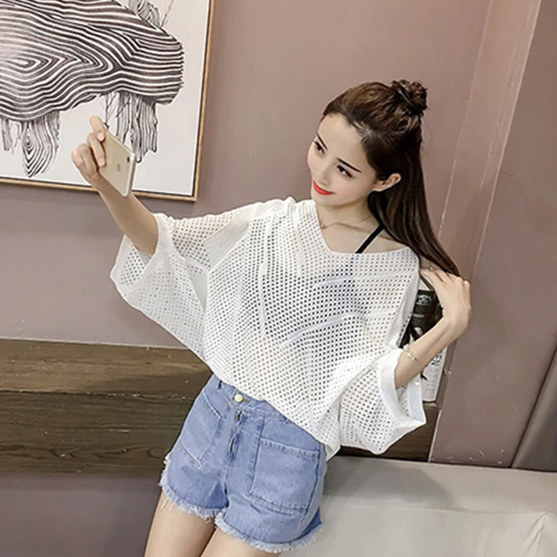 Summer Korean Solid Color V-neck Bat Sleeves Loose Casual Hollow Knitted Blouse For Women