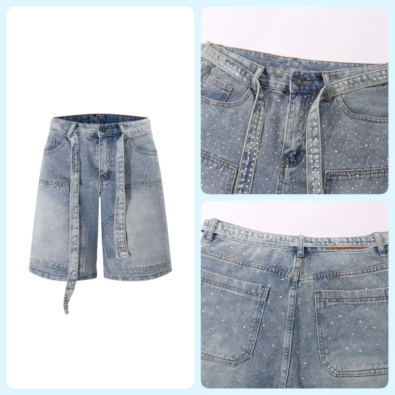 المألوف الفاخرة حجر الراين تصميم الدنيم السراويل الرجال العلامة التجارية العصرية فضفاضة مستقيم أنبوب الشريط خمسة أرباع السراويل