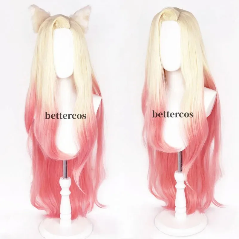 

LOL KDA Ahri Cosplay Wig with Ears Heat Resistant Synthetic Hair Heat Resistant Hair Wigs + Wig Cap