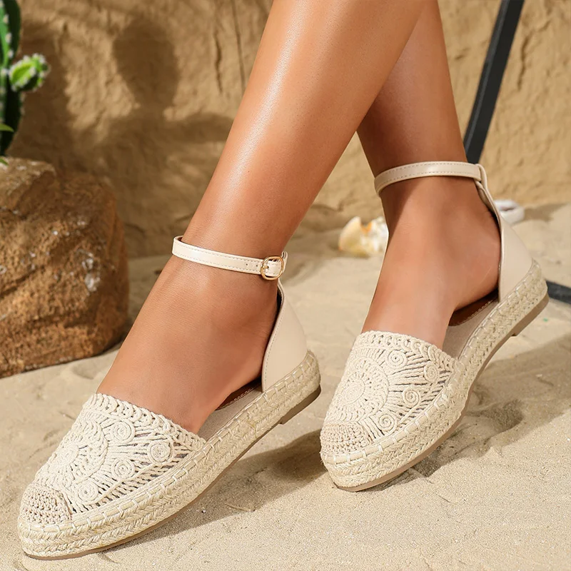 Hemp Espadrilles Women Platform Casual Shoes Cotton Rope Linen Leather Sandals Bohemian Beach Sandals Ankle Buckle Strap Flats