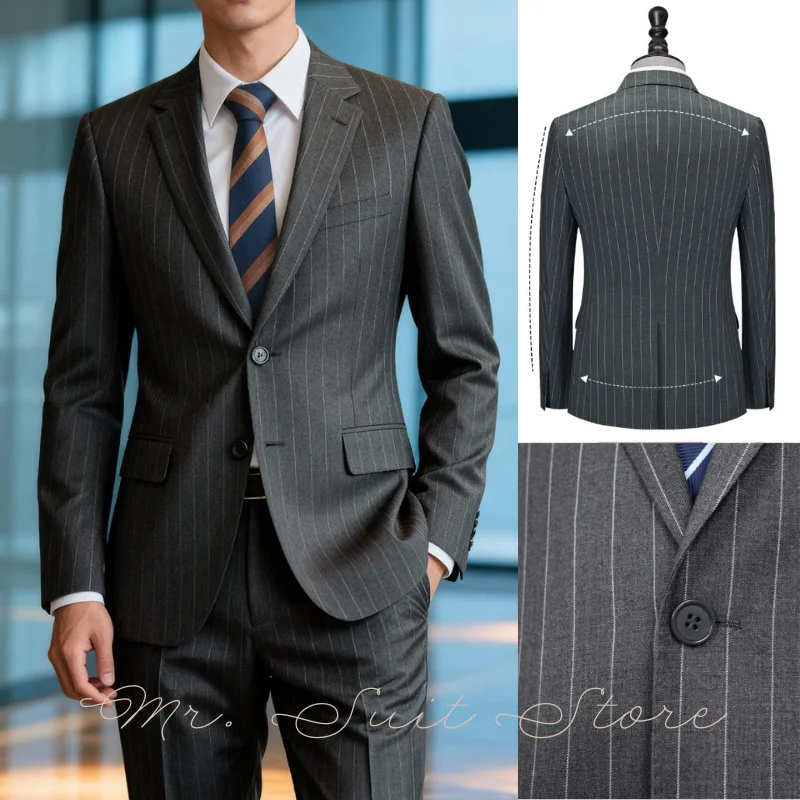 

Классический серой мужской костюм-двойка в полоску (пиджак + брюки), однобортный, приталенный, официальная одежда для бизнеса и отдыха