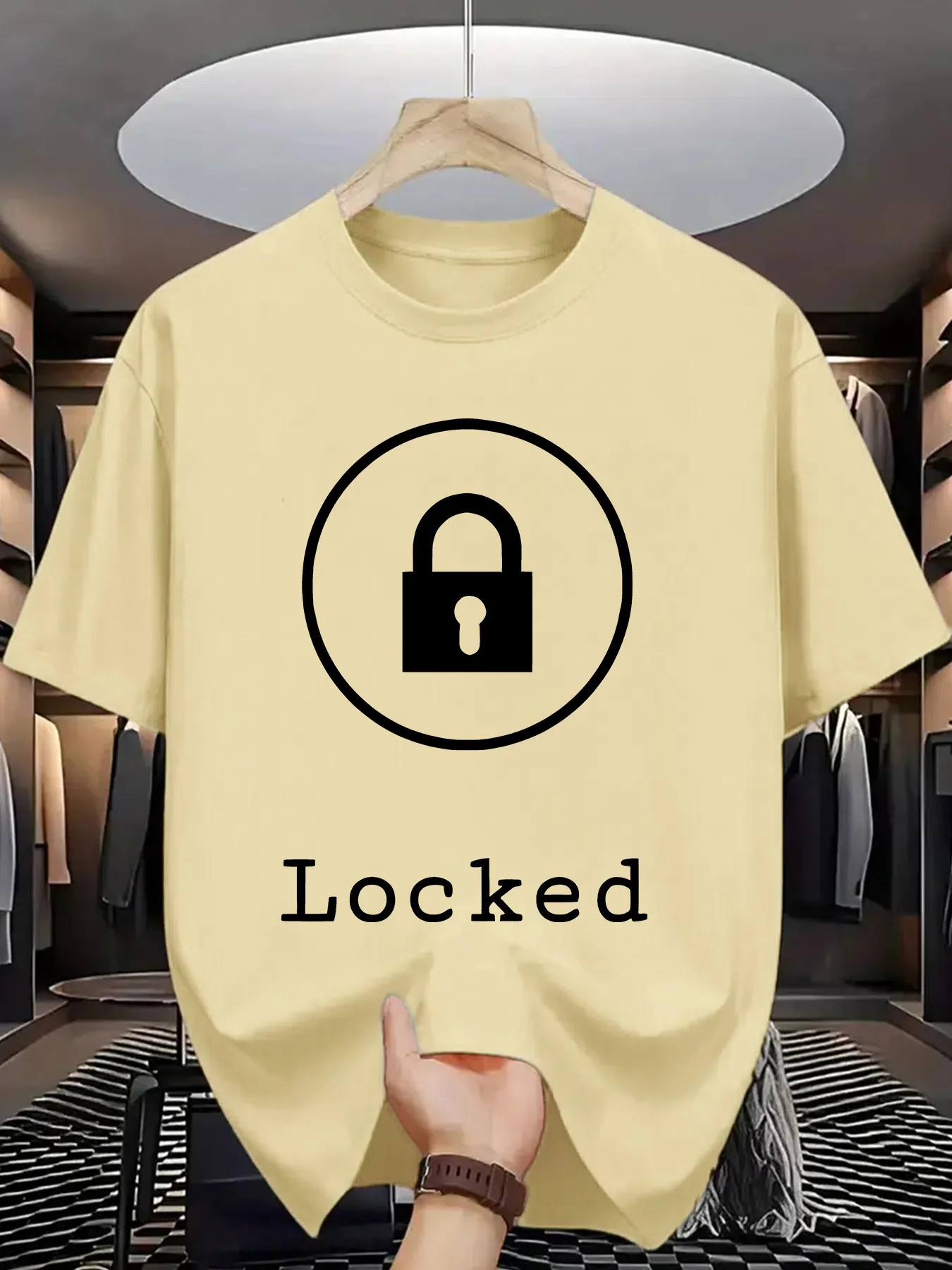 Locked Padlock Graphic Tee for Men, Soft Cotton Crew Neck T-Shirt, Versatile Daily Wear for All Seasons