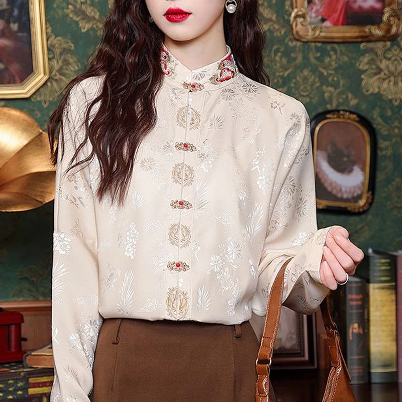 2024 Spring Autumn Women Fashion Vintage Chinese Style Embroidery Shirts Elegant Chic Stand Collar Blouse Long Sleeve Loose Tops