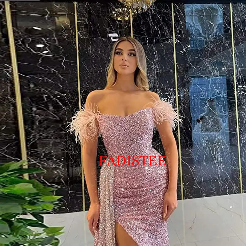 Vestido Largo con lentejuelas y plumas Para mujer, traje elegante con hombros descubiertos Para Fiesta De graduación, nuevo estilo