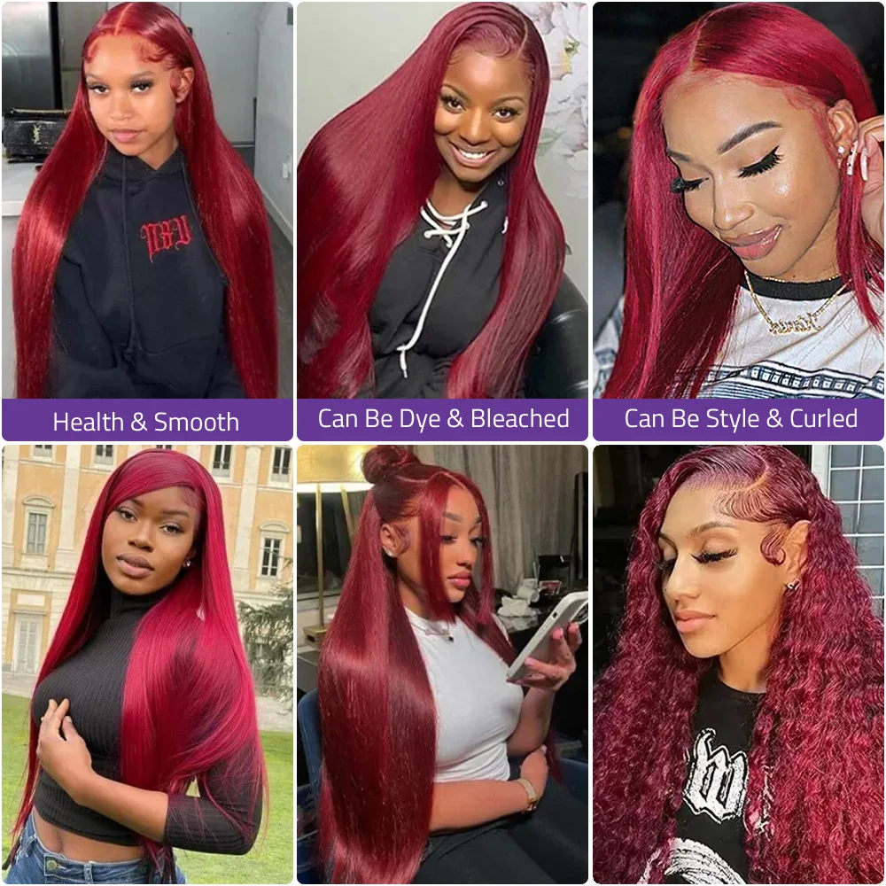 13x6 العظام مستقيم 99j بورجوندي الدانتيل الباروكة الأمامية شعر الإنسان البرازيلي 13x4 HD الدانتيل الجبهة الأحمر اللون الباروكات قبل قطعها للنساء