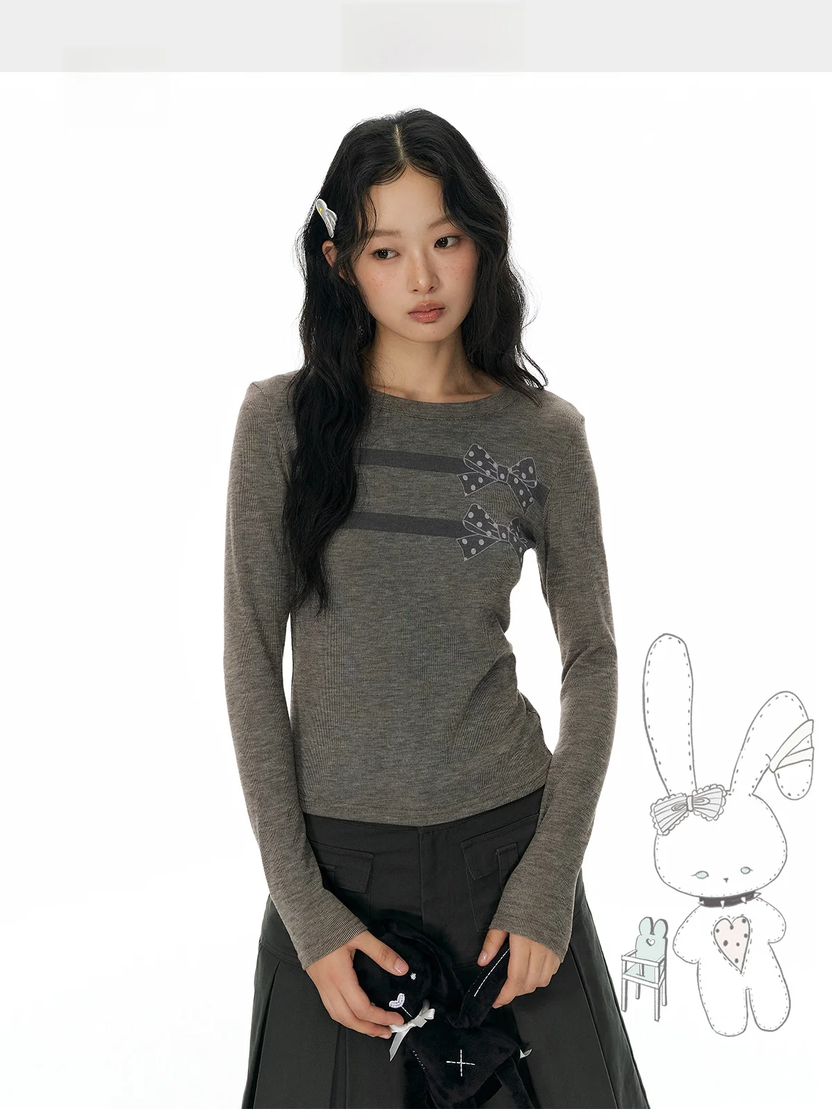 YUPH Skin-friendly Long Sleeve T-shirt  Knot Printed Cashmere-like Base Shirt Slimming Effect Korean Style Women's Tee
