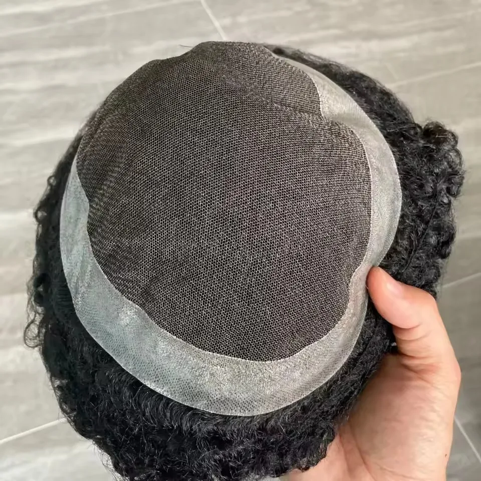 10mm 8mm Tiefe Welle Männer 100% Echthaar Lockiges Toupet Atmungsaktive Australien Spitze & Dünne Haut PU Schwarz braun Männliche Perücke Natürlichen Haaransatz