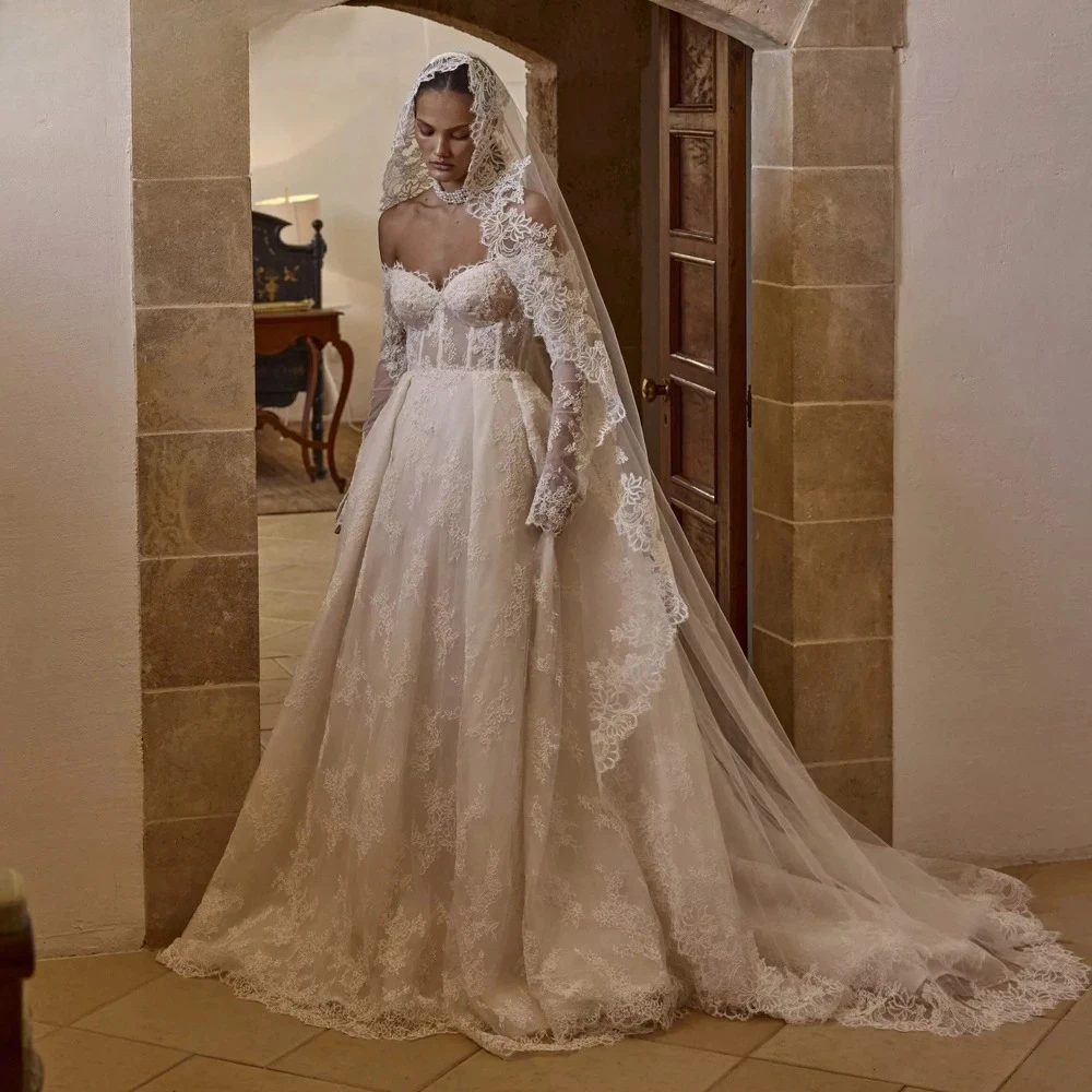 

Customizes Romantic Sweetheart Long Sleeve Lace A Line Wedding Dresses Classic Backless Court Train Vintage Vestido De Novia