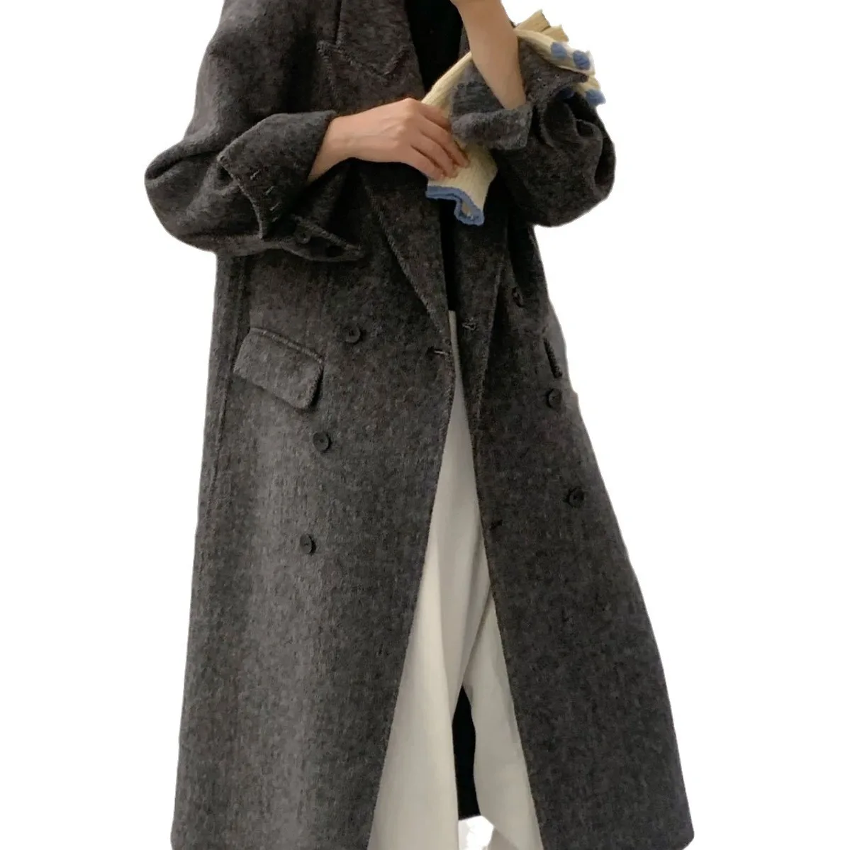 UMI MAO Jesień Zima Nowy Płaszcz Wełniany Za Kolano, Dopasowany, Elegancki, Długi, Wzór Rybiej Ości, Dwustronny, Damska Kurtka