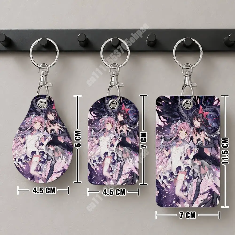Anime Magica Madoka and Homura Leather Keychain Card Holder for Airtag & Access Cards Modern Bus Pass