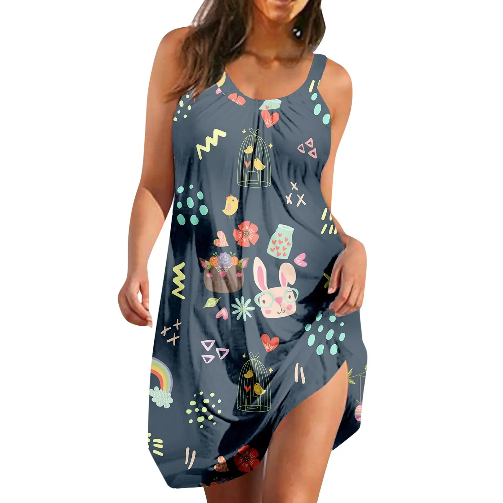 

Easter Summer Women Sleeveless Rabbit Egg Pattern Tank Vest Dress Boho Beach Dress For Women Loose Party Dress Swing Sundress