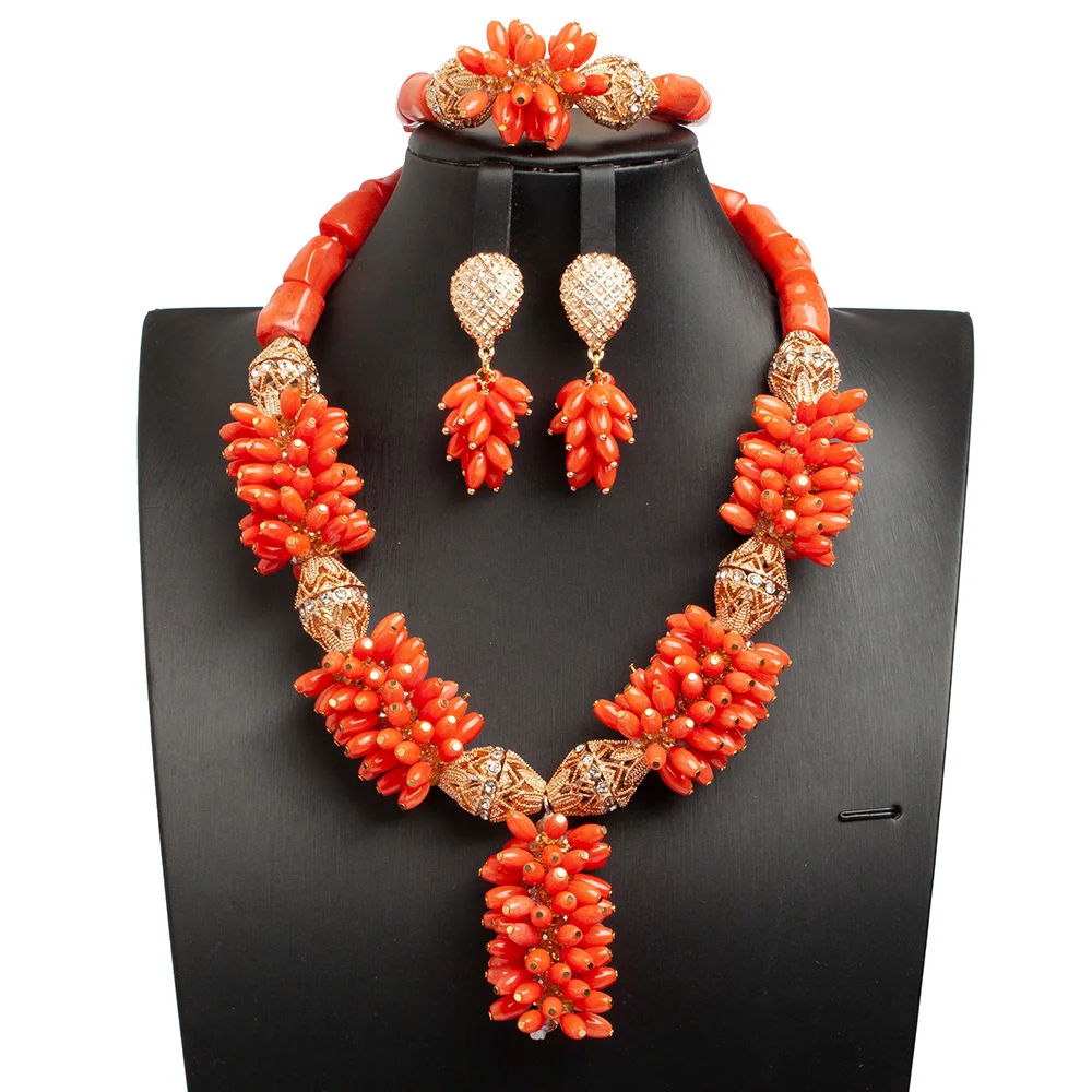 

Luxury African Wedding Coral Jewelry Set Handmade Natural Coral Jewelry Golden Accessories Items To Nigeria ABG086