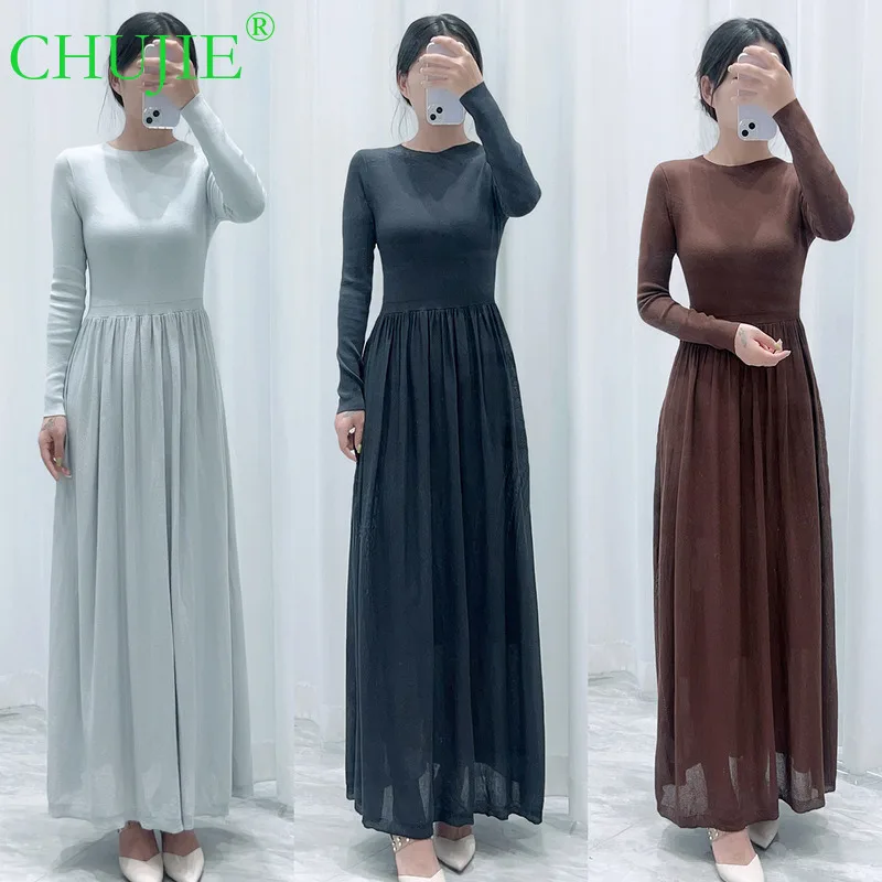 

CHUJIE 2025 Fall/Winter Women's Slim Fit Knit Dress, Round Neck Long Sleeve Basic Dress, Elegant Long Casual Dress