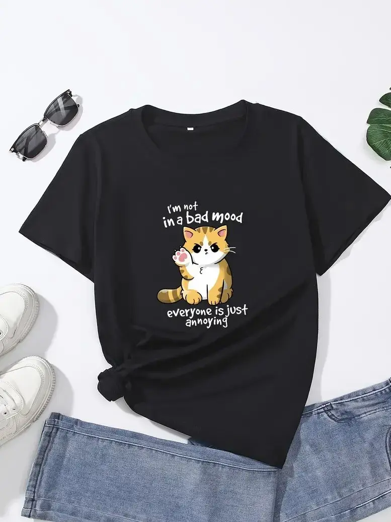 

Cute and Angry Kitten Print T-shirt Fun Street Retro Colored Women's T-shirt Fashion Casual Summer Top 2024 New Harajuku