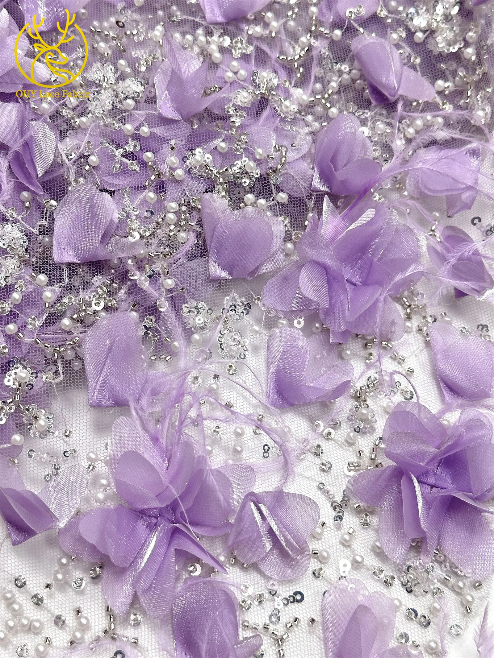 Eleganter handgefertigter 3D-Applikations-Spitzenstoff 2026, hochwertige französische Pailletten-Tüllspitze für Hochzeits- und Partykleider, 5 Yards – Detail 18