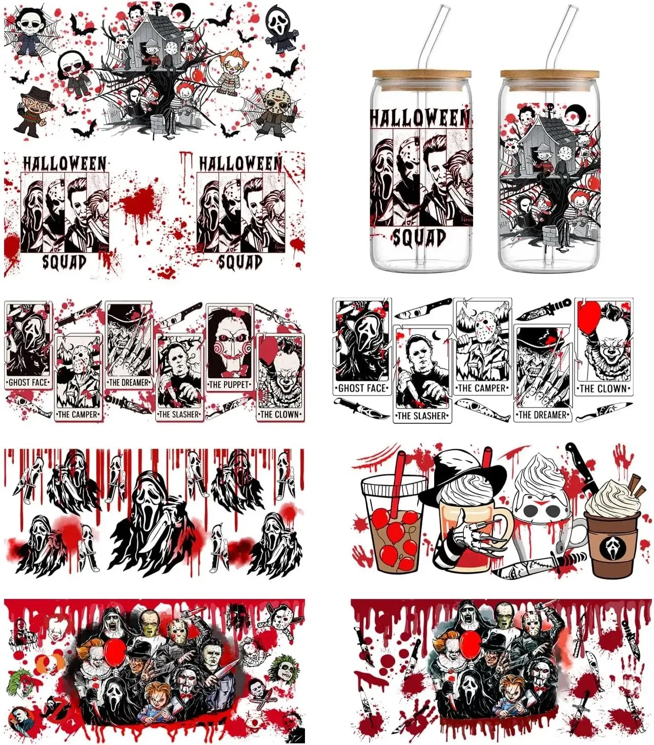 ملصقات نقل كأس DTF للأشعة فوق البنفسجية للهالوين الزجاجي لشخصيات الفيلم المخيف الكبيرة فرك على ملصقات الأكواب للحرف اليدوية
