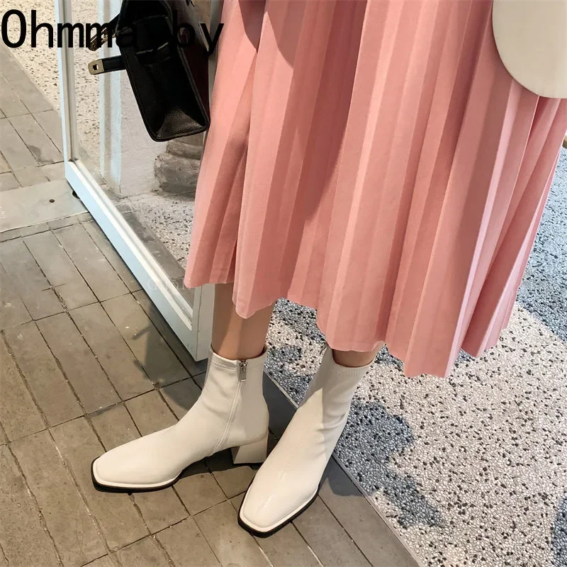 High Quality Soft PU Leather Women Ankle Boots Square Toe Square Heel Short Boots 2024 Autumn Winter Women Shoes Chelsea Boots