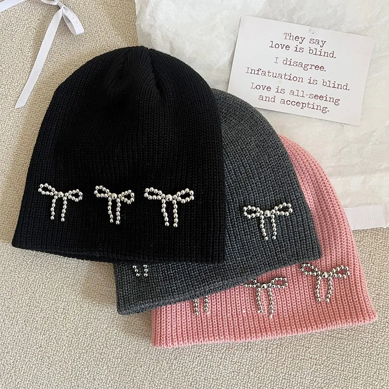 New Korea Ins Bow Bead Knitted Hats Y2K Bownot Winter Hat Women Warm Beanies Fashion Thick Ear Protection Hat Streetwear