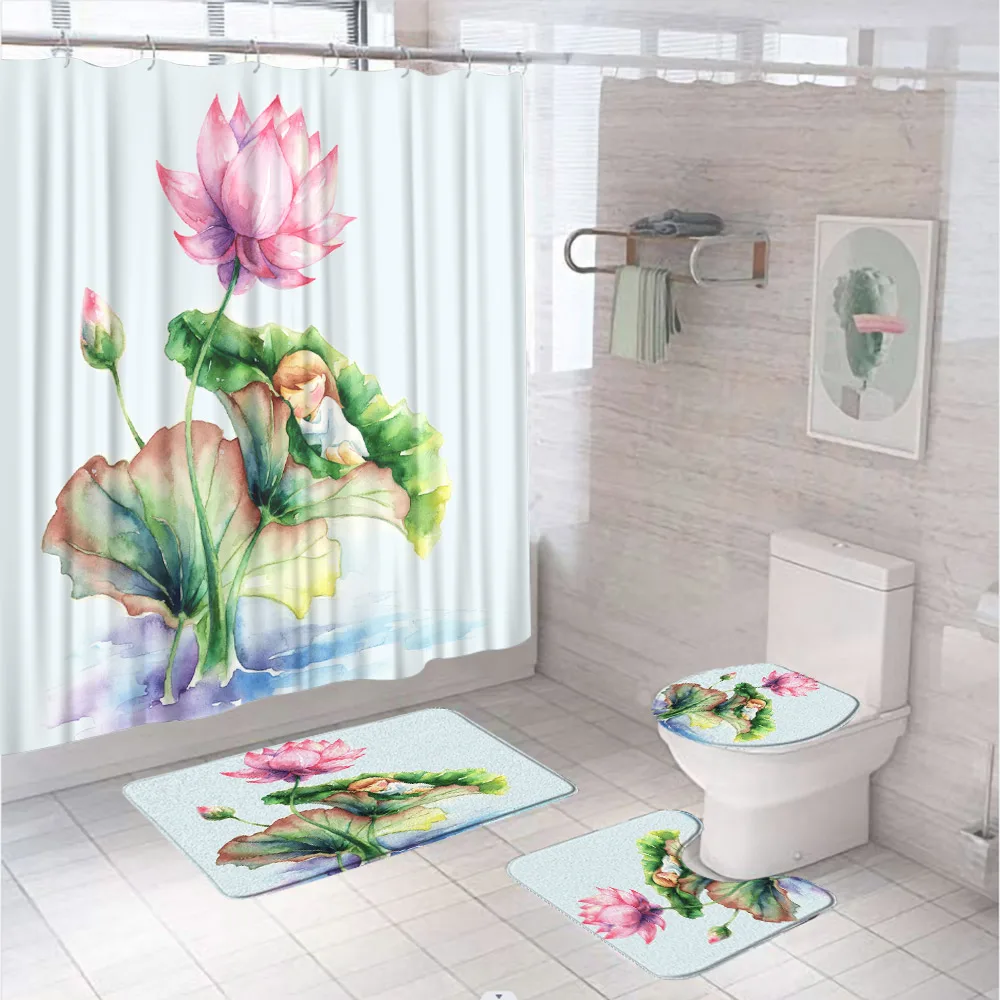 Summer Lotus Leaves Flower Shower Curtain Set For Bathroom Decor Home Garden Pond Bird Swan Carpet Rug Bath Mat Toilet Lid Cover