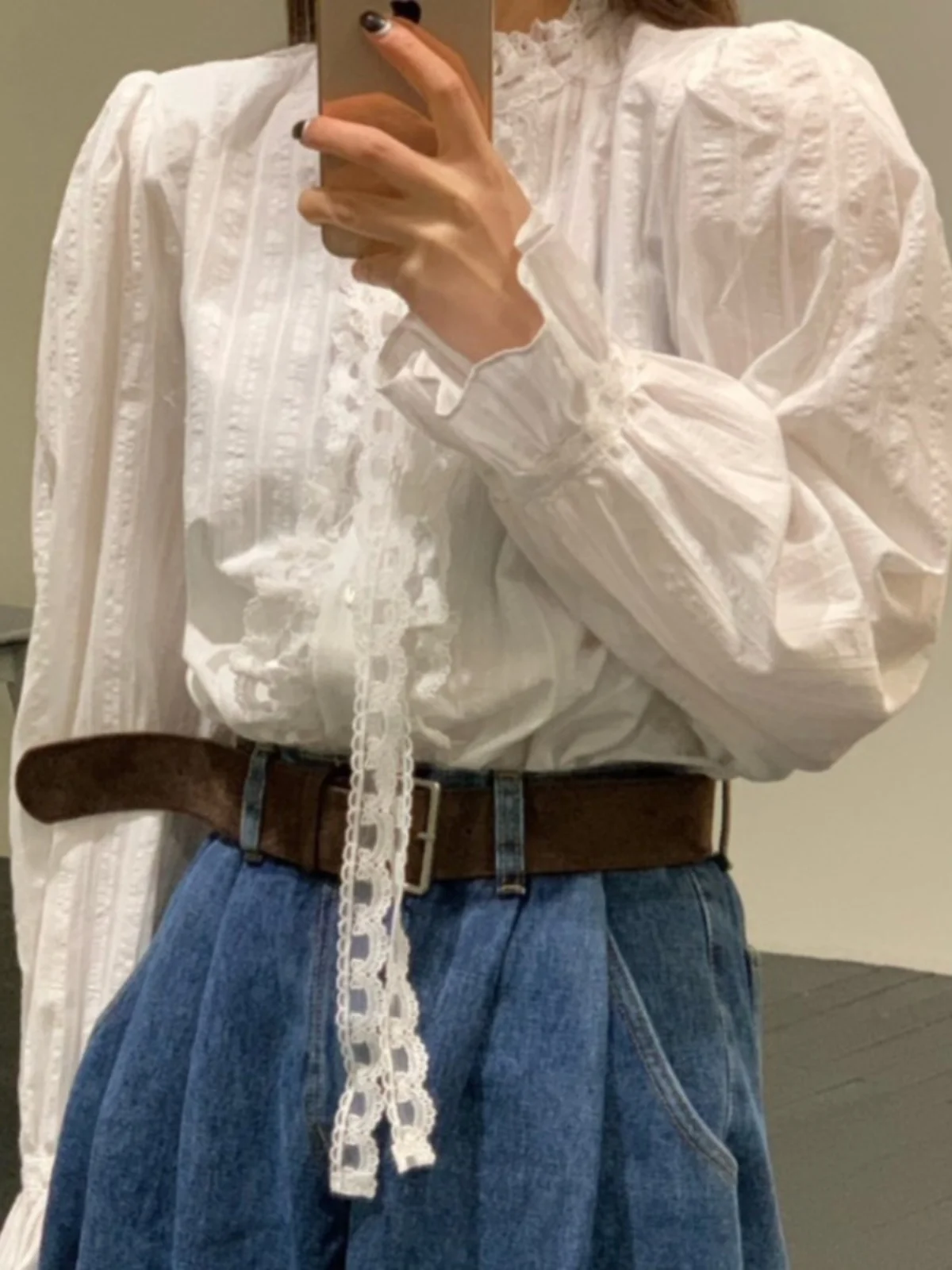 

Korean Sle Sweet Youthful Stand Collar Long Sve irt Women's Faion Splicing Wood ain Ruffle Lace Drifting Band Long...