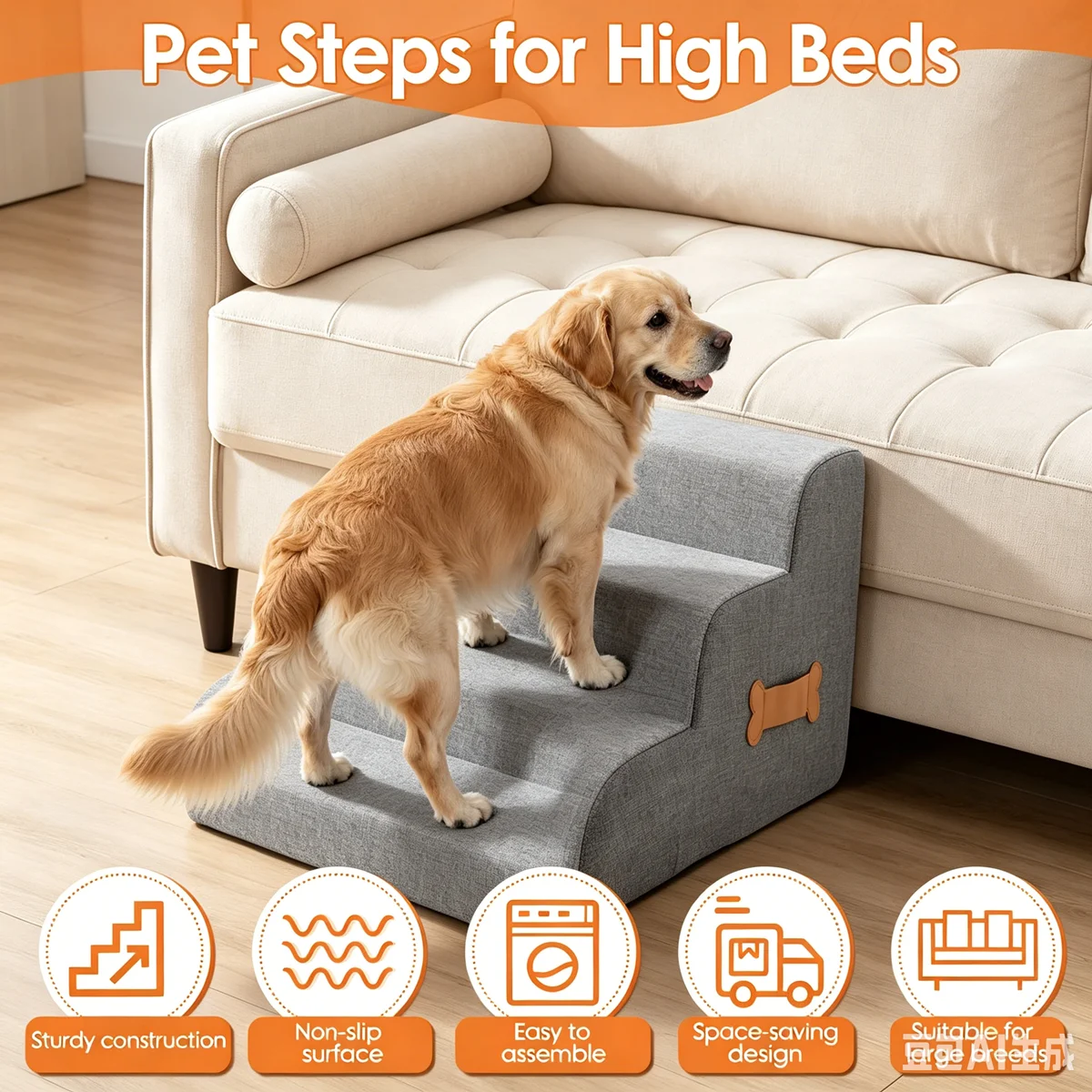 Dog Stairs for Small Dogs 5-Step Sturdy Foam Dog Steps for Couch, Bed or Sofa, Pet Stairs for Puppy and Older Cat, Doggie Ladder view 2