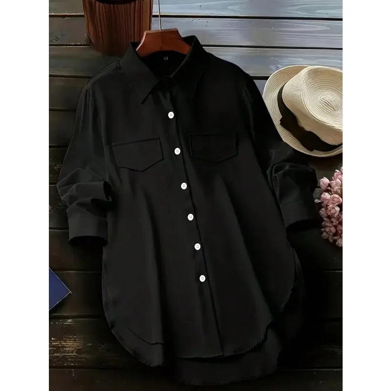 

Плюс размер 1XL-5XL, новая женская осенне-весенняя модная однотонная блузка, рубашка, однобортная рубашка с длинными рукавами и разрезом с лацканами